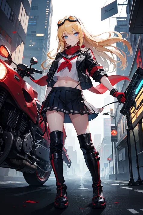 score_9, score_8_up, score_7_up, score_6_up, score_5_up, score_4_up,anime artwork masterpiece,best quality, unreal engine, ultra res, extremely detailed, One Girl,blonde hair,long hair,blue eyes,glowing eye trail,tan skin,biker goggles on head,black sailor...