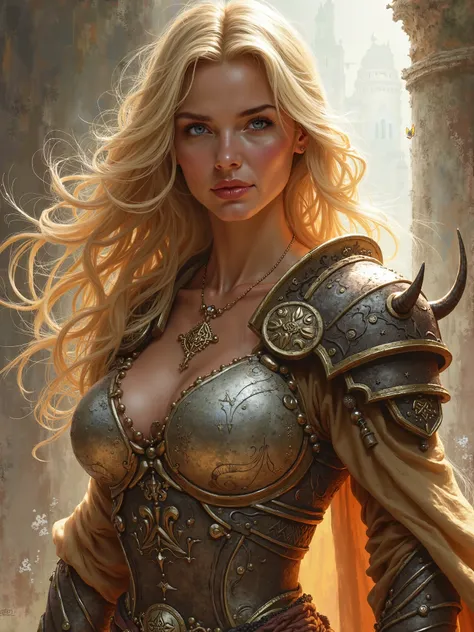 Dungeons and Dragons, female Paladin, beautiful face, very long blonde hair, fantasy background, sexy, seductive, high detail, masterpiece.