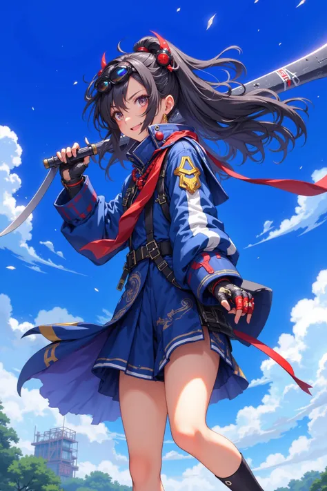 score_9, score_8_up, score_7_up, score_6_up, score_5_up, score_4_up,anime artwork masterpiece,best quality, unreal engine, ultra res, extremely detailed, One Girl,black hair,high ponytail hair,heterochromia,,tan skin,soldier goggles on head,blue sailor sui...