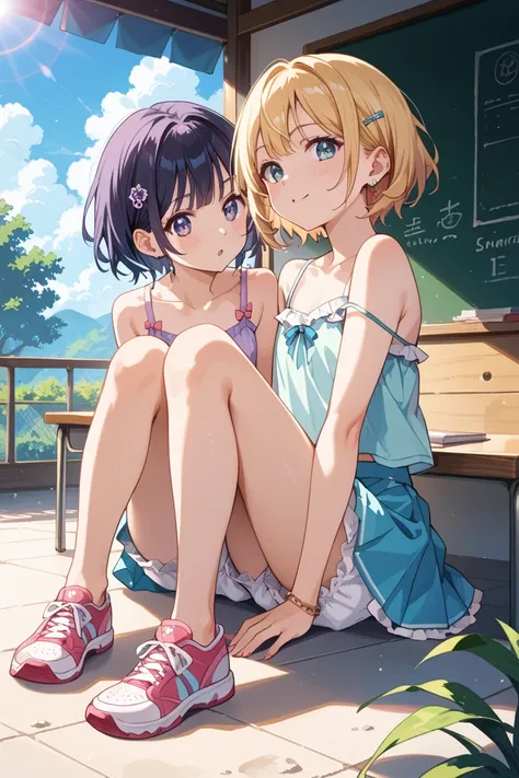 top quality made of straw ,    anatomically accurate,   masterpiece, 
   idol group 。
    beach background gradation    、
   lens flare,     bloomers、Indoor shoes、classroom、、   two girls fight back、  camisole、 Brightly Colored Skirts  、   Medium Short Hair