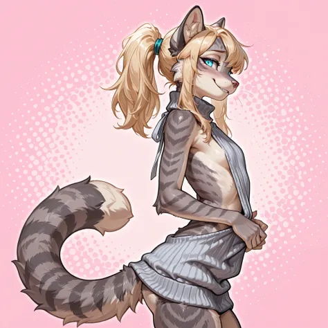 masterpiece, best quality, amazing quality, high resolution, absurdres, newest, solo, countershading, katxl ,adult female, Anthro furry feline, glowing blue eyes, grey striped fur, skinny striped tail, cheek fluff, blonde hair, ponytail, side loc...