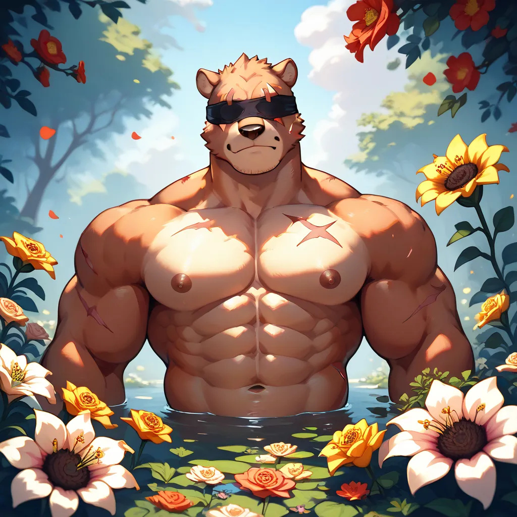 Blind hobo, blind eyes, scars on eyes, blindfold decorated with flowers, muscular, bara male furry, wearing traditional Japanese komodo