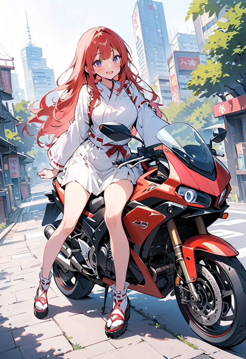 masterpiece,best quality, 1 woman, 22 years old, kawaii,long hair,miko, japan cityscape, outdoors, dutch angle, lineart,water color,rakkun girl,ride a motorcycle