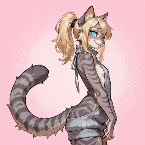 masterpiece, best quality, amazing quality, high resolution, absurdres, newest, solo, countershading, katxl ,adult cat female, Anthro furry feline cat girl, glowing blue eyes, grey striped fur, striped tail, cheek fluff, blonde hair, ponytail, si...