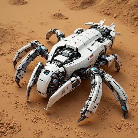 "Realistic, white armed beetle fixed turret with long 120 mm caliber gun, futurist, with a dirtier white dusty color due to sandy terrain, seen from above, posicionada em um terreno Realistic com pedras e areia com coloração avermelhado o solo de Marte, Fl...