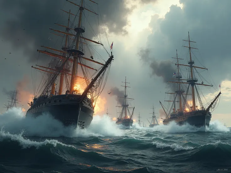 a fleet of nineteenth-century steel ships in battle 