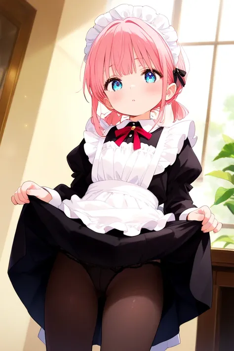  girl、Maid、Maid服、pink hair、 light blue eyes、Luxury House、lift up the skirt、 pants、is embarrassing