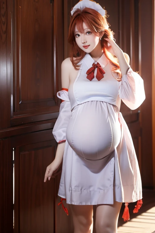 a tall cut woman that is pregnant with long smooth hair wearing a maids outfit