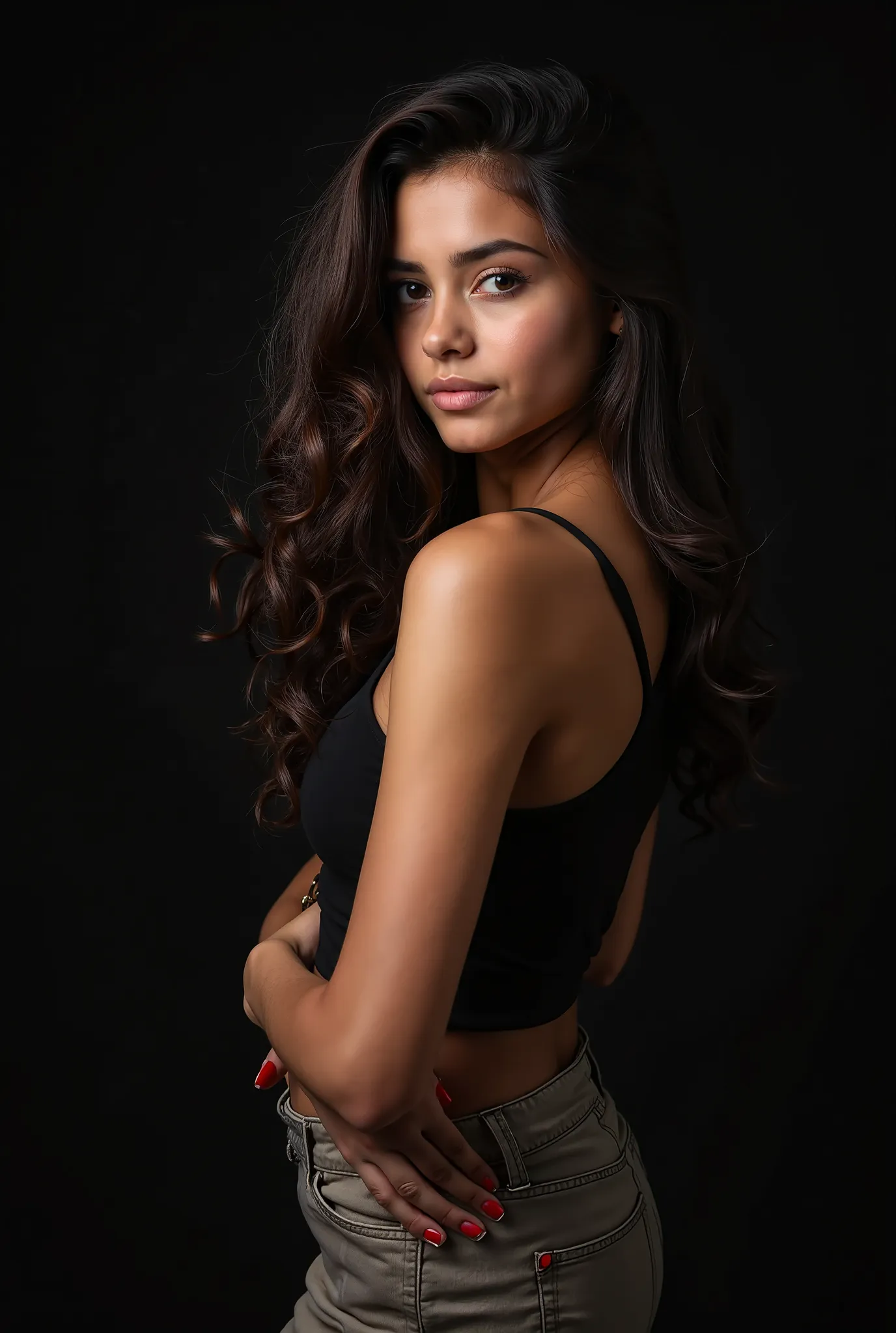 A beautiful bright girl on a black background,  with lush dark flowing hair, her hands on her waist and poses as a model for the photographer 