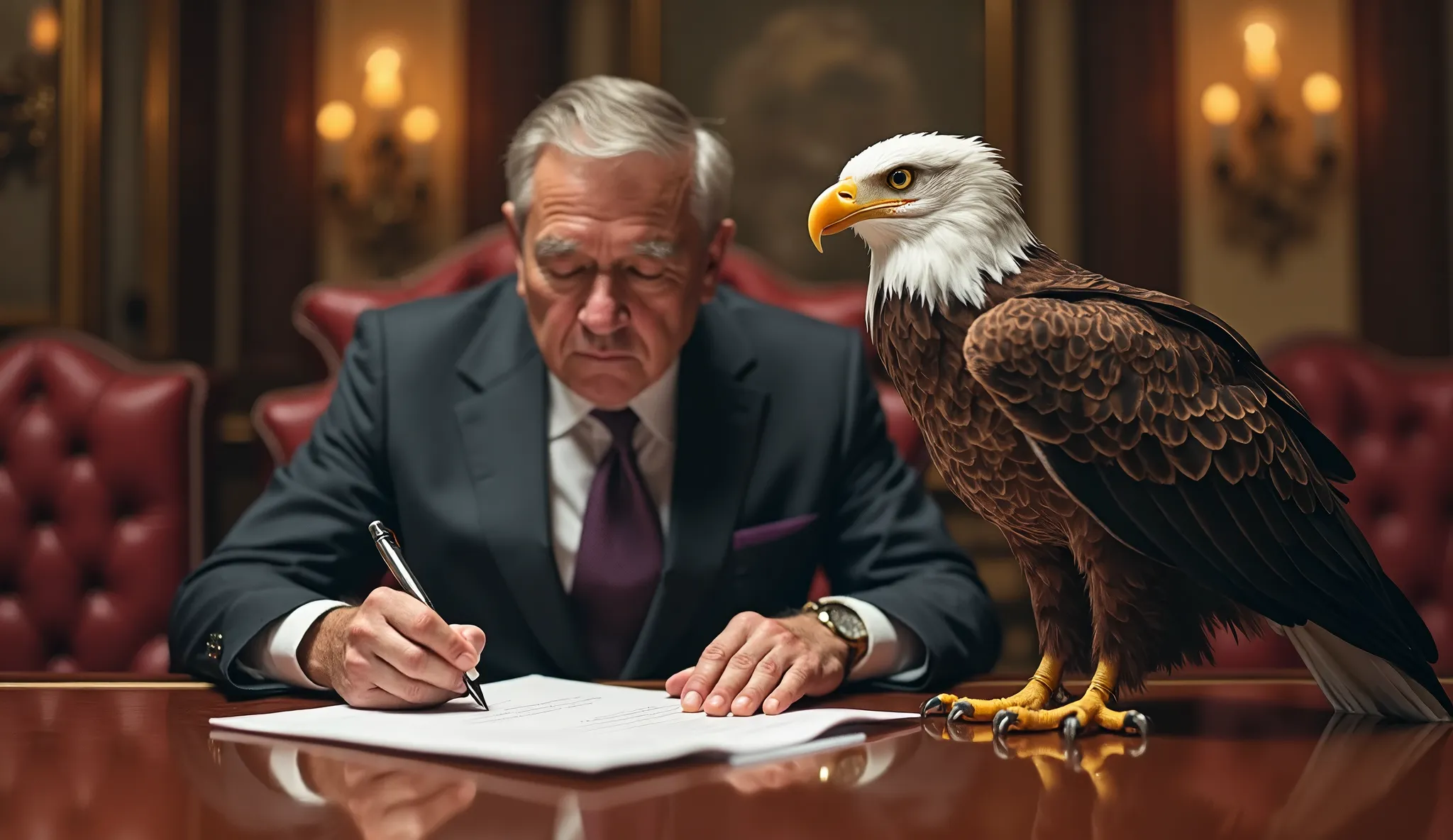 ULTRA REALISTIC IMAGE — At a luxurious trading table, a powerful investor signs a million-dollar contract, while an eagle with a sharp eye rests on his chair. The scene exudes strategy and wealth, highlighting the eagle symbol as the master of vision and f...