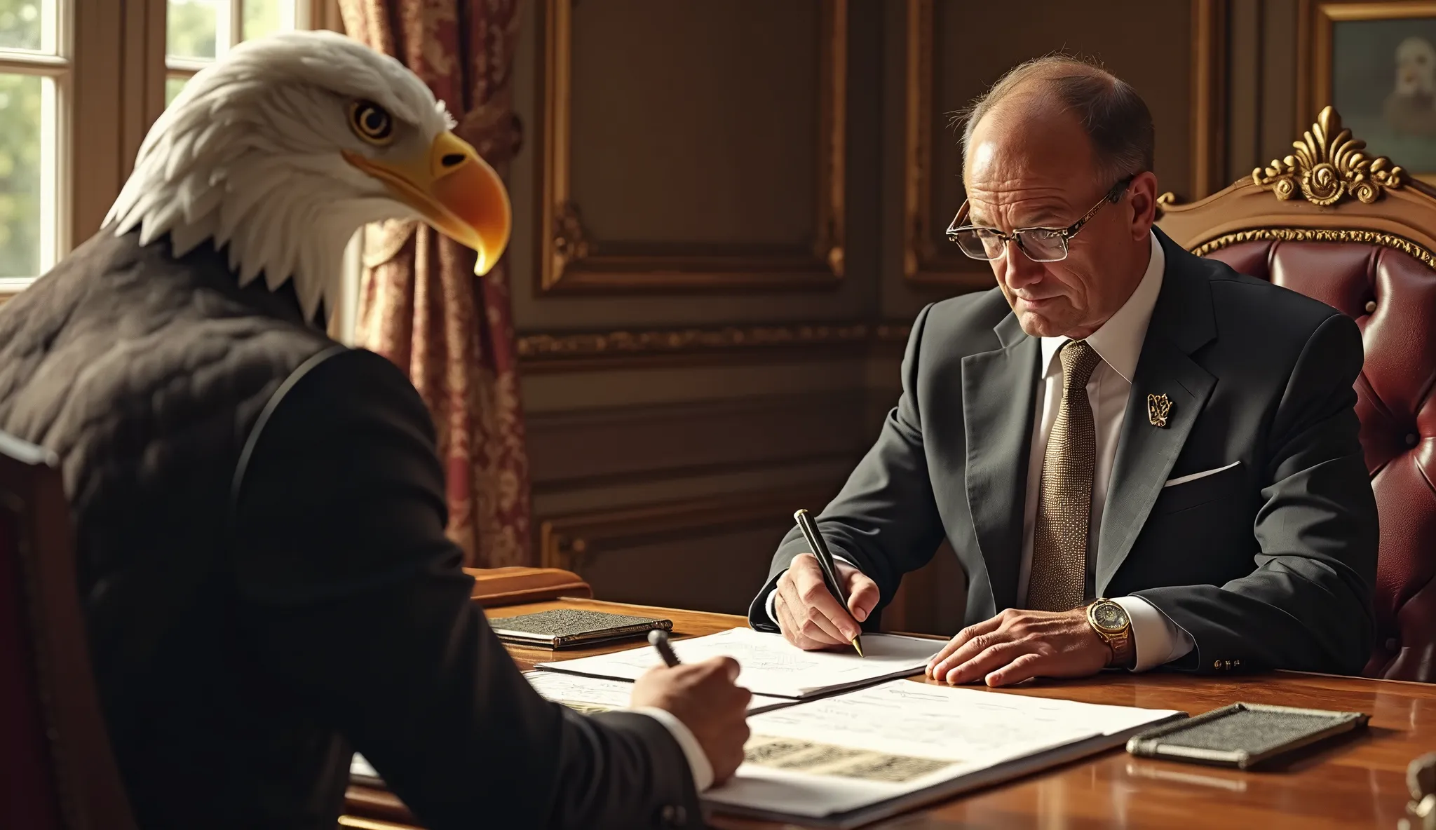 ULTRA REALISTIC IMAGE — At a luxurious trading table, a powerful investor signs a million-dollar contract, while an eagle with a sharp eye rests on his chair. The scene exudes strategy and wealth, highlighting the eagle symbol as the master of vision and f...