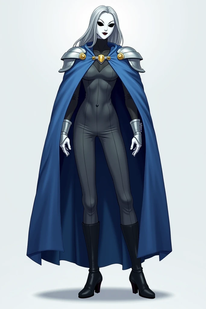 (Solo) faceless, 1women, mask white full face mask with black eyes, grey hair, long hair, blue long cape, \(cape covering full body/), white gloves, armors shoulder and neck, grey clothing bodysuit, black heels boots, wide open trousers pants, pants touchi...