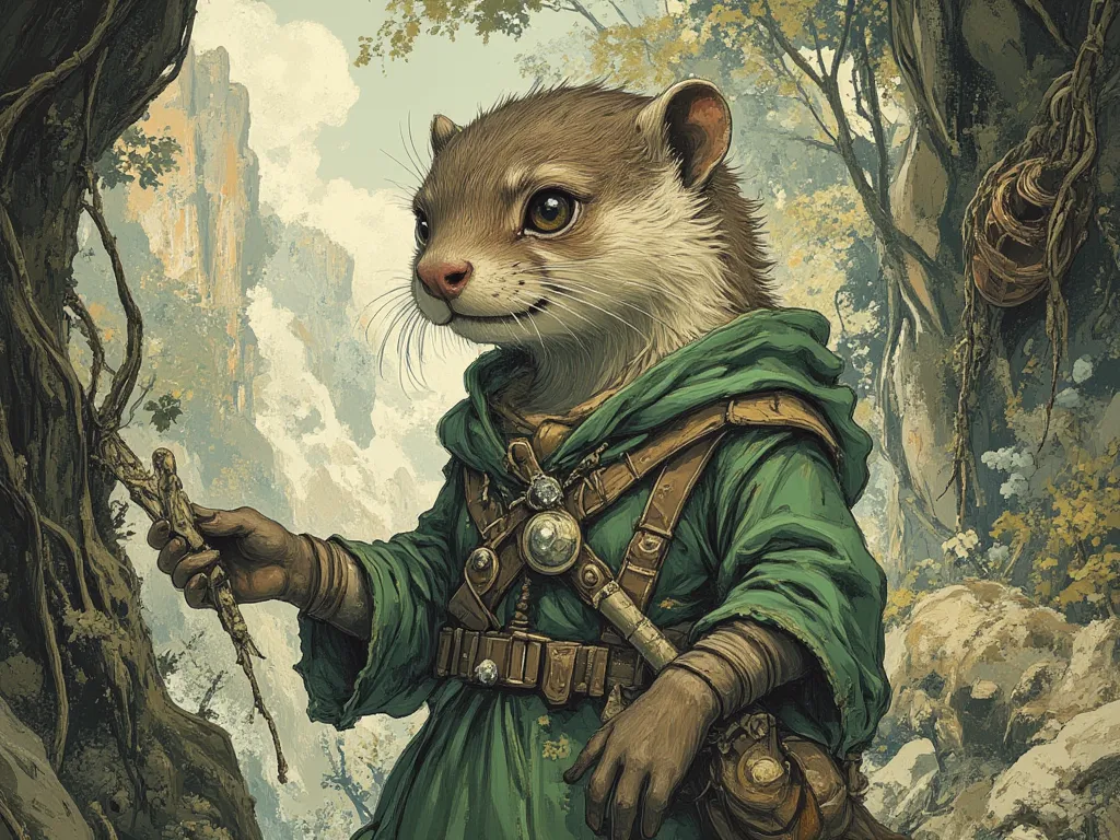 a female otter wearing a green kirtle dress, friendly smile, In fantasy art style, masterpiece,  best quality , Super Detail, an epic, 4K, cinematic light, ultra-detailed,  8k resolution ,(high quality, 8k, 4K, high contrast, masterpiece: 1.2, 最high qualit...