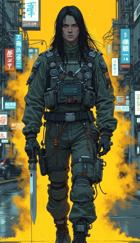 (man standing with a knife in his leg)、(Cyber Enhanced)、(30 years)、( image style background)、( 8K image quality)、( Cyberpunk)、(masutepiece)、 (Light flicker)、(Wear a Cyberpunk Military Uniform)、cinematric light, Shadow Cinema,  sharp image , extremely detai...