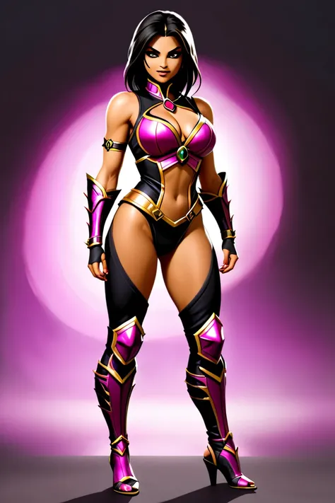 (((Full-body shot))) (standing pose) Show entire body, show every part of body, feet in view,(((mortal Kombat mileena))) (((large breasts))) ((wide hips)) 