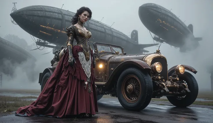  A beautiful and charming steampunk woman in front of a vintage steampunk car on a wet and foggy steampunk racetrack (London, 1890) IN THE SKY, airships, flying like ghostly figures in clouds and fog 