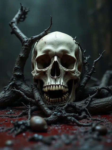 skull.عناكب تخرج وتلتف حل الskull هي وشبكتها.Realistic .4K.truth.web.blood.black.delusion .quietness. Darkness.  detailed .is totally realistic. complex details.Photography 35 mm 
