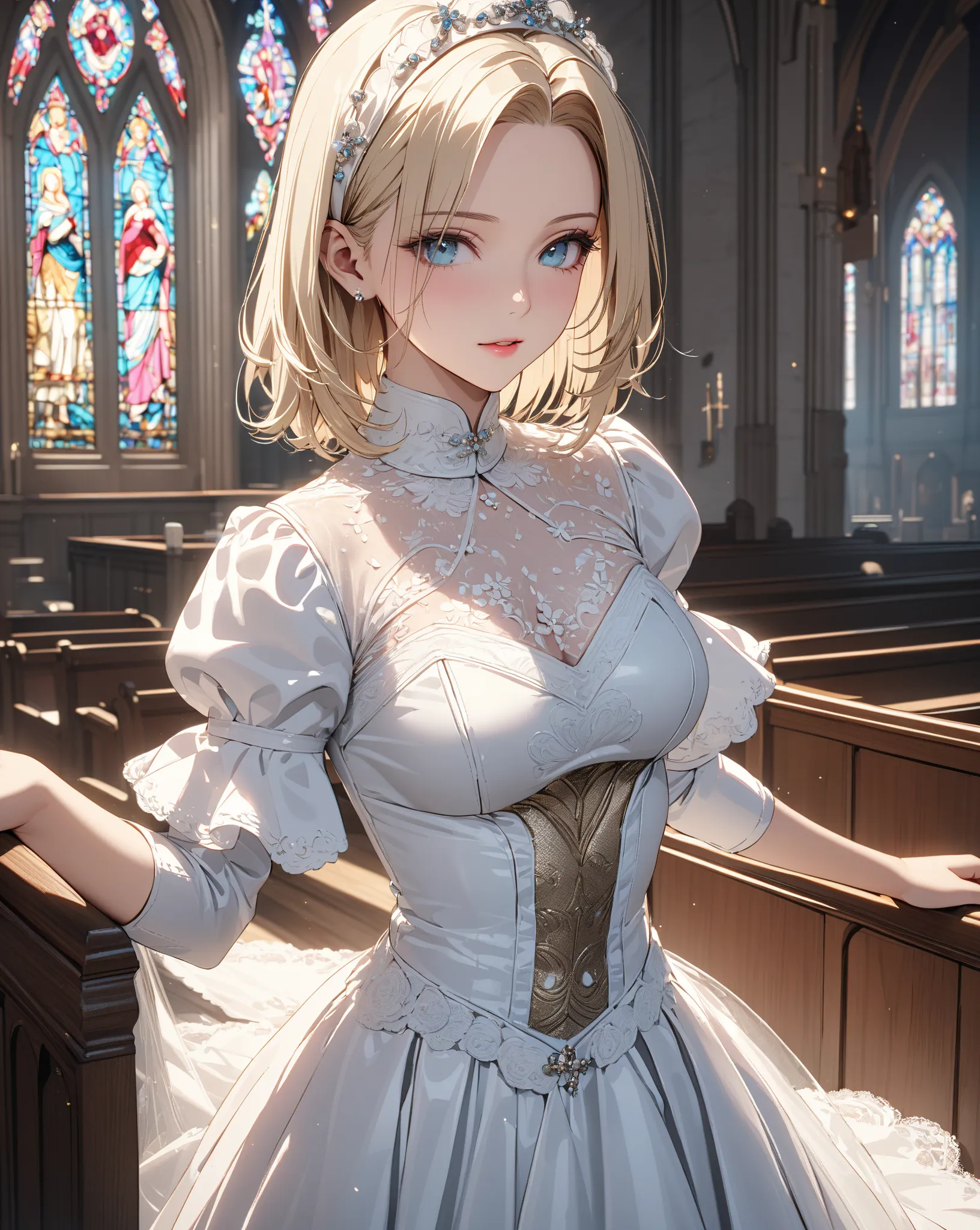 Church by the Sea, bride, (Android 18), masterpiece, highest quality, UHD, retina, masterpiece, accurate anatomy, super detailed, high quality, best quality, 8k