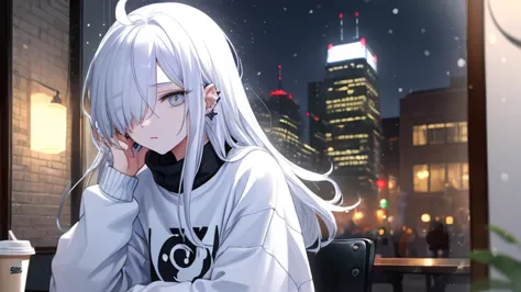 ((  masterpiece :1.4, best quality:1.2)),   1girl  ,  solo focus ,   beautiful skin  , White sweatshirt, long white hair, grey eyes, sit down,  earrings  , piercing, coffee shop window, night, snowing, wearing headphones, cityscape ,  tall women , beautifu...