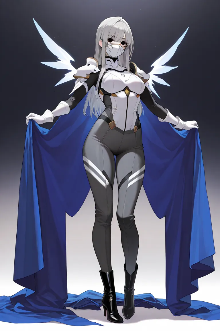 Solo, faceless, 1women, mask white full face mask with black eyes, grey hair, long hair, blue long cape, white gloves, armors shoulder and neck, grey clothing bodysuit, black heels boots, wide open trousers pants, pants touching boots, used cape to covered...