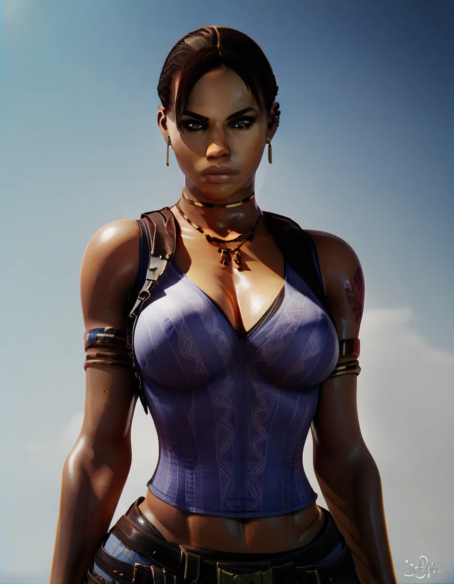 score_9, score_8_up, score_7_up, solo, 1girl, 3d, cg, large breasts, large waist, Sheva, dark skin, muscular, posing, empty background, clean background, looking at viewer, 