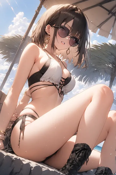 (masterpiece, detailed:1.2), One Girl, (18-years old), brown long Bob Cut, Medium Breasts, laced up White bikini black layered, bracelet, earring, sunglasses, BREAK, Highest quality, sitting, BREAK, seaside terrace, focus on thigh, from below, leaning back...