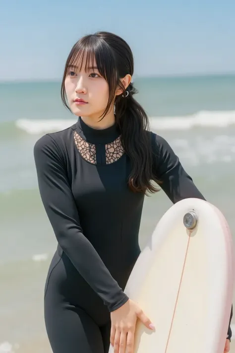 {
  "prompt": "A Japanese woman standing at the shoreline wearing a wetsuit and holding a surfboard. The background shows a beautiful beach with waves gently crashing. The woman has black hair tied in a ponytail, and she is looking out toward the ocean, wi...