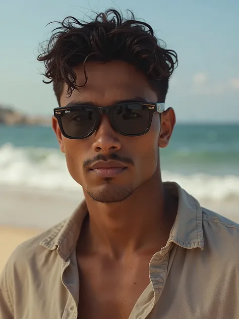 Young man with a mustache and dark glasses with medium lines on his nose, a wider jaw, dark black skin and casual beach clothing