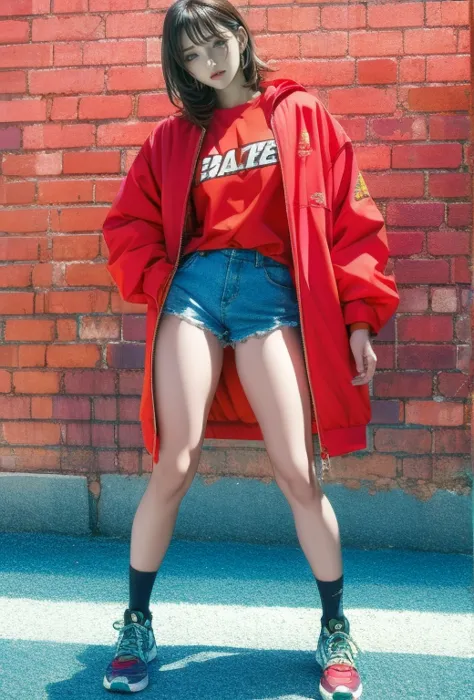 thighs {x} standing on a skateboard in front of a brick wall, in  shorts,  VIDEO STILL ,  thighs,  hotpants, wearing red  shorts,  colorful clothes,  hotpants,  colorful costumes , I can see your feet,  stylish coat for raves ,  shorts,  she's wearing stre...