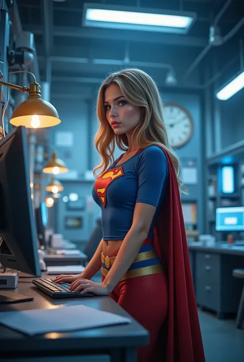 
(long shot:1.3),ntensely erotic image, male gaze,high tech laboratory:1.5),intricate background,highly detailed background, BREAK, (full body:1.5),(1girl),(extremely young), (elemtary school age),BREAK ((THE STORY OF SUPERGIRL), LEANING OVER HER DESK SEDU...