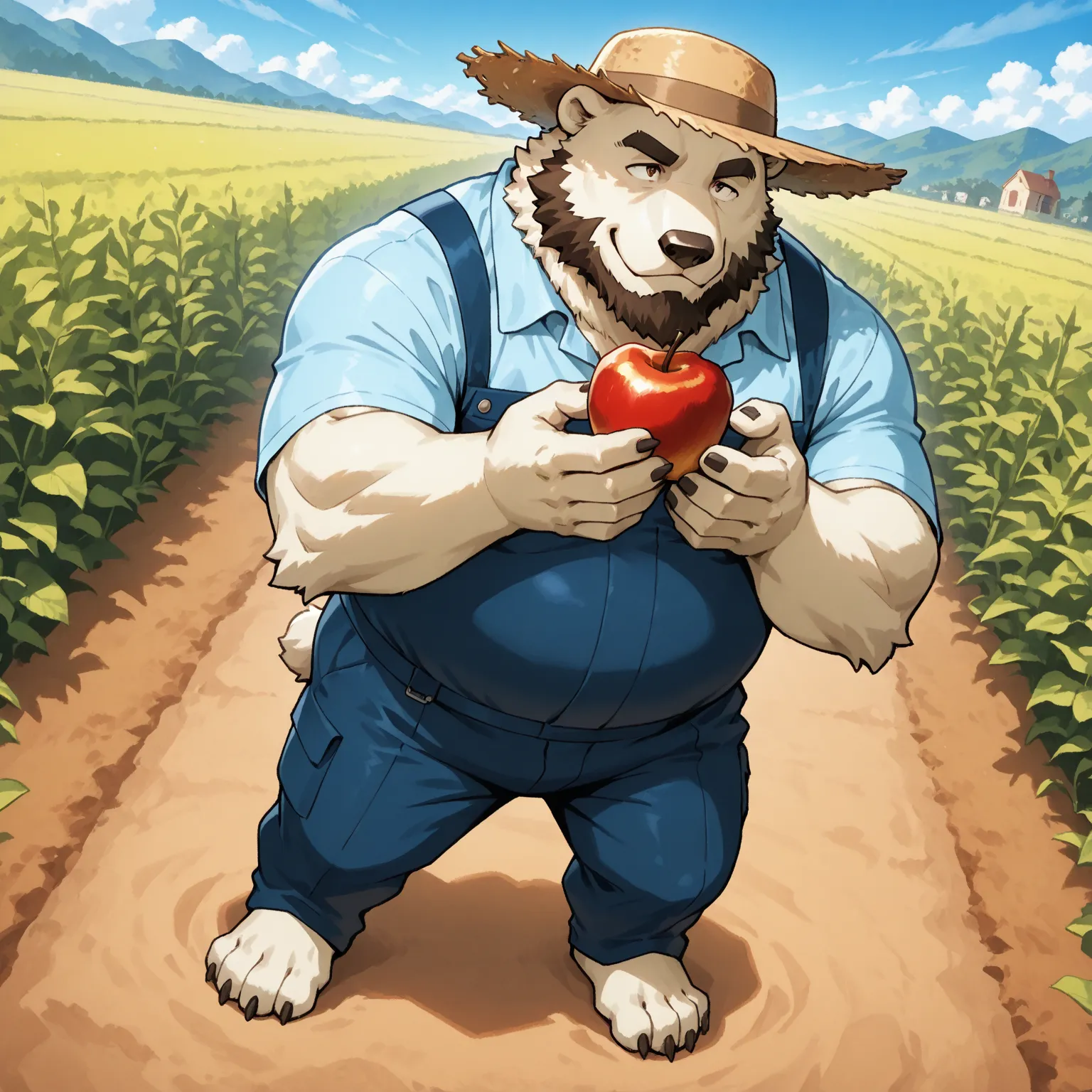 character focus, full body, looking away, dynamic angle, farmer, a musclegut middle-aged polar bear man, working uniform, happy, little smile, working were clothes, straw hat, shirt, pants, sweet apple, harvesting fruits, dynamic pose, BREAK full body in M...