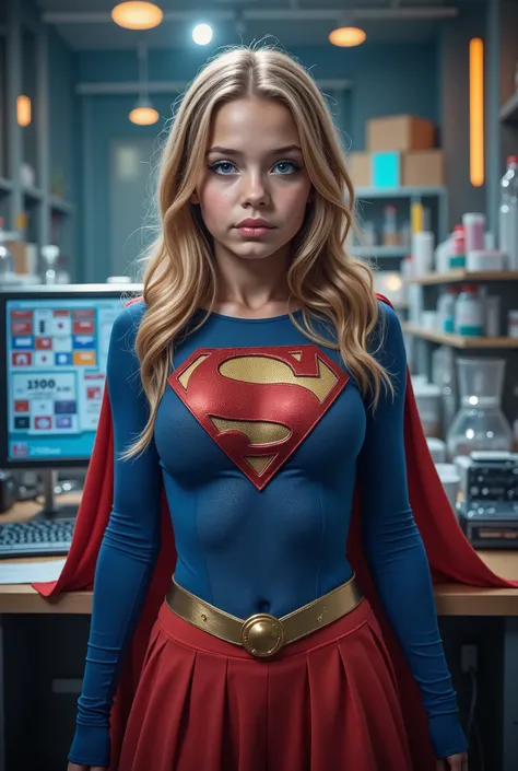 
(long shot:1.3),ntensely erotic image, male gaze,high tech laboratory:1.5),intricate background,highly detailed background, BREAK, (full body:1.5),(1girl),(extremely young), (elemtary school age),BREAK ((THE STORY OF SUPERGIRL), LEANING OVER HER DESK SEDU...