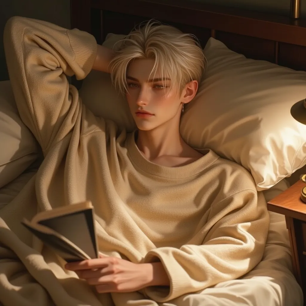 A young male K-pop idol with platinum blonde, slightly tousled hair, reclining on a bed in a relaxed and intimate pose. His deep brown eyes gaze softly, reflecting warmth and quiet confidence. His sharp jawline and high cheekbones are accentuated by the so...