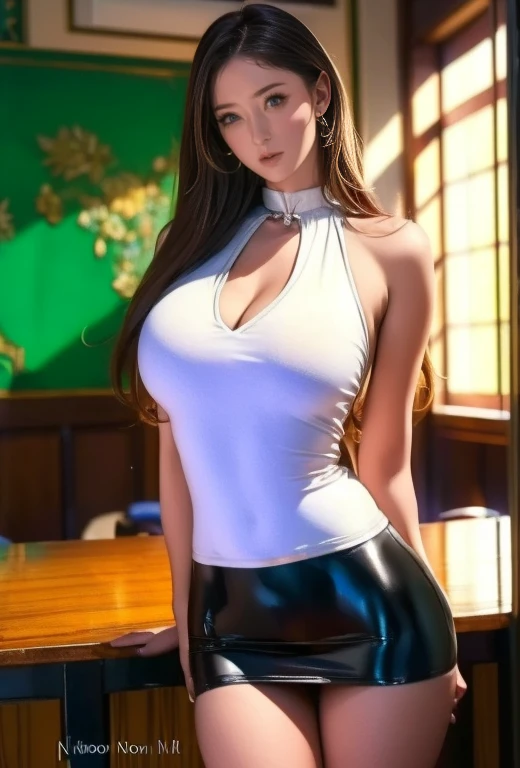  Stunning looking beautiful woman  ,  No.,  big breasted,   wearing a sexy white shirt and black tight leather skirt  ,   standing in the middle of the classroom wearing a shiny dark blue school swimsuit ,  Graceful and serene , ( top quality made of straw...