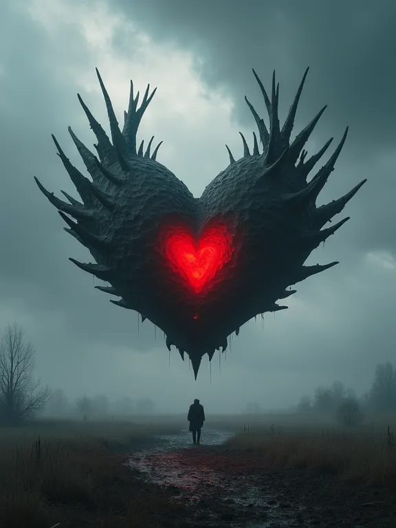 Giant heart, Floating, black heart with red center, combined colors, faded color. Heart with Dragon Wings, Heart with twisted spikes. dark skies,  gray and black clouds . Dream of gray land, Spectral panorama, Sinister Essence.