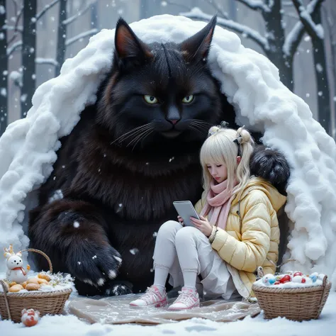 score_9,score_8_up,score_7_up,score_6_up,score_5_up,score_4_up,source_real photo,Ultra-realistic,Photorealistic,Ultra-realistic,Photorealistic,Dramatic Scene,Global Illumination, A huge black cat and a girl about are playing in the snow in a snowy city par...