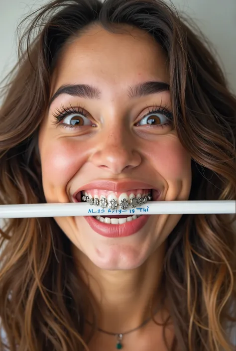 Woman with metal brackets on her teeth and smiling while biting a white pencil permanently glued between her teeth 