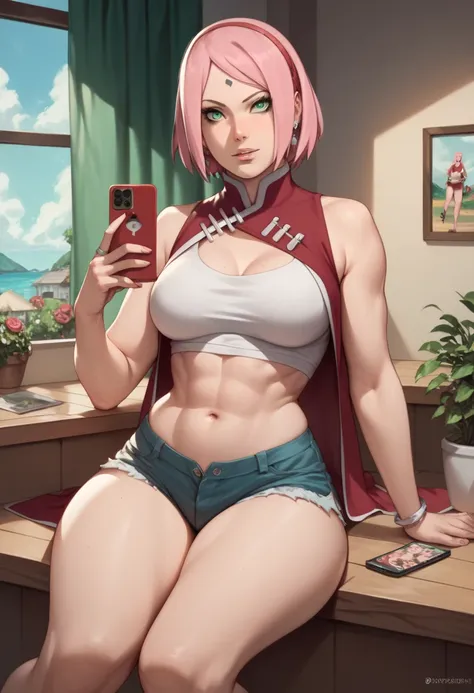  Sakura Haruno with short pink hair, green eyes,  medium large breasts , scarred belly,  thick legs, big scarred thighs, with cell phone taking naked photo, sending sexy photos on WhatsApp thick thighs big sexy