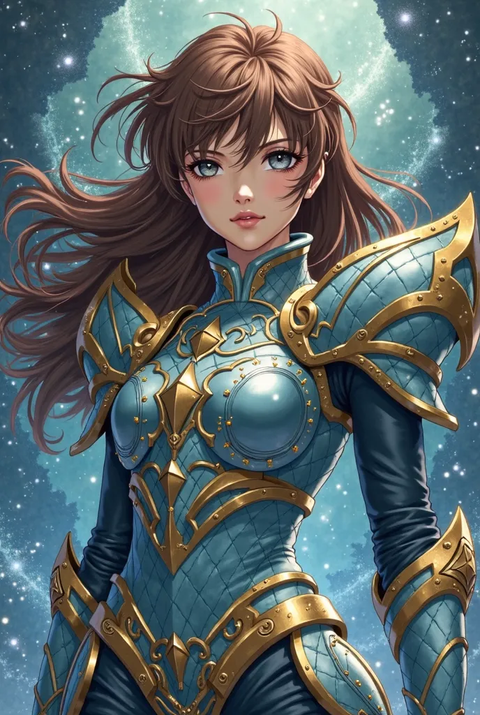 Brown-haired anime girl, wearing Saint Seiya's sea dragon armor and having the armor golden 