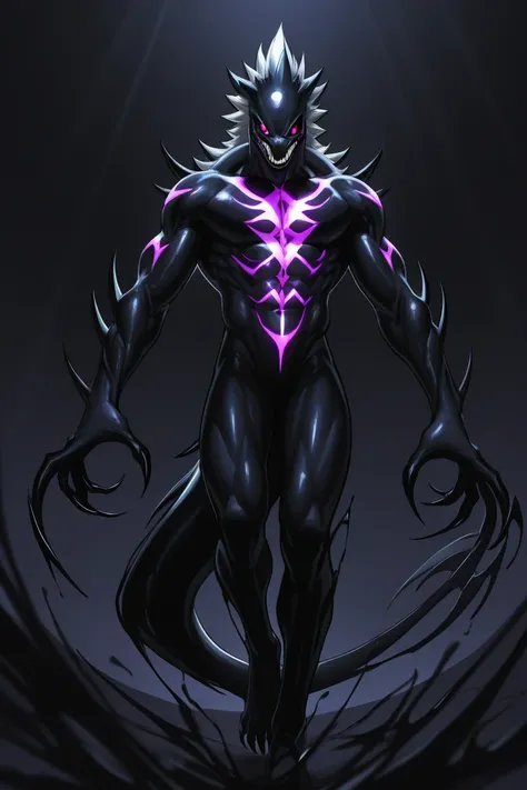 Eyes:** Black sclera with silver irises that glow when excited or hunting.  
- **Skin:** Obsidian-toned with faint bioluminescent runes running along her arms and collarbone.  
- **Hair:** Deep violet, appearing almost black, cascading down her back like l...