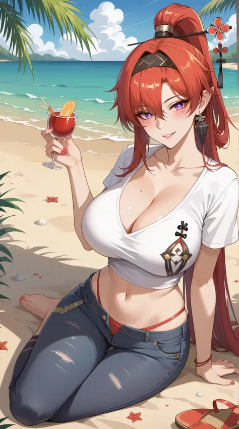 ((Yinlin, red hair, mole under eye, purple eyes, hair stick, hair ornament)), 1girl, huge breasts, huge butt, thick thighs, sensual woman, mature female, blushes, cleavage, full body, source_anime, quality_masterpiece, anatomically correct, beautiful face,...