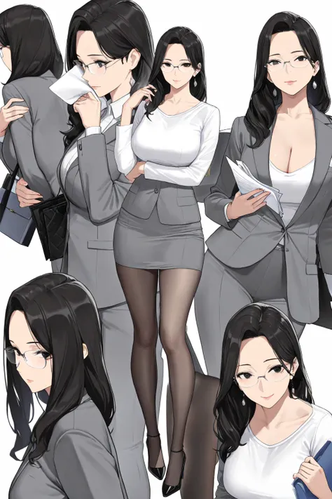 (High quality, 4K, Ultra-high resolution,High-definition illustrations, Masterpiece, extremely detailed), medium height, mature lady, sporty body, medium breast t, black hair, long hair, black eyes with high lights, eye glasses, gray suits, white shirt, bl...