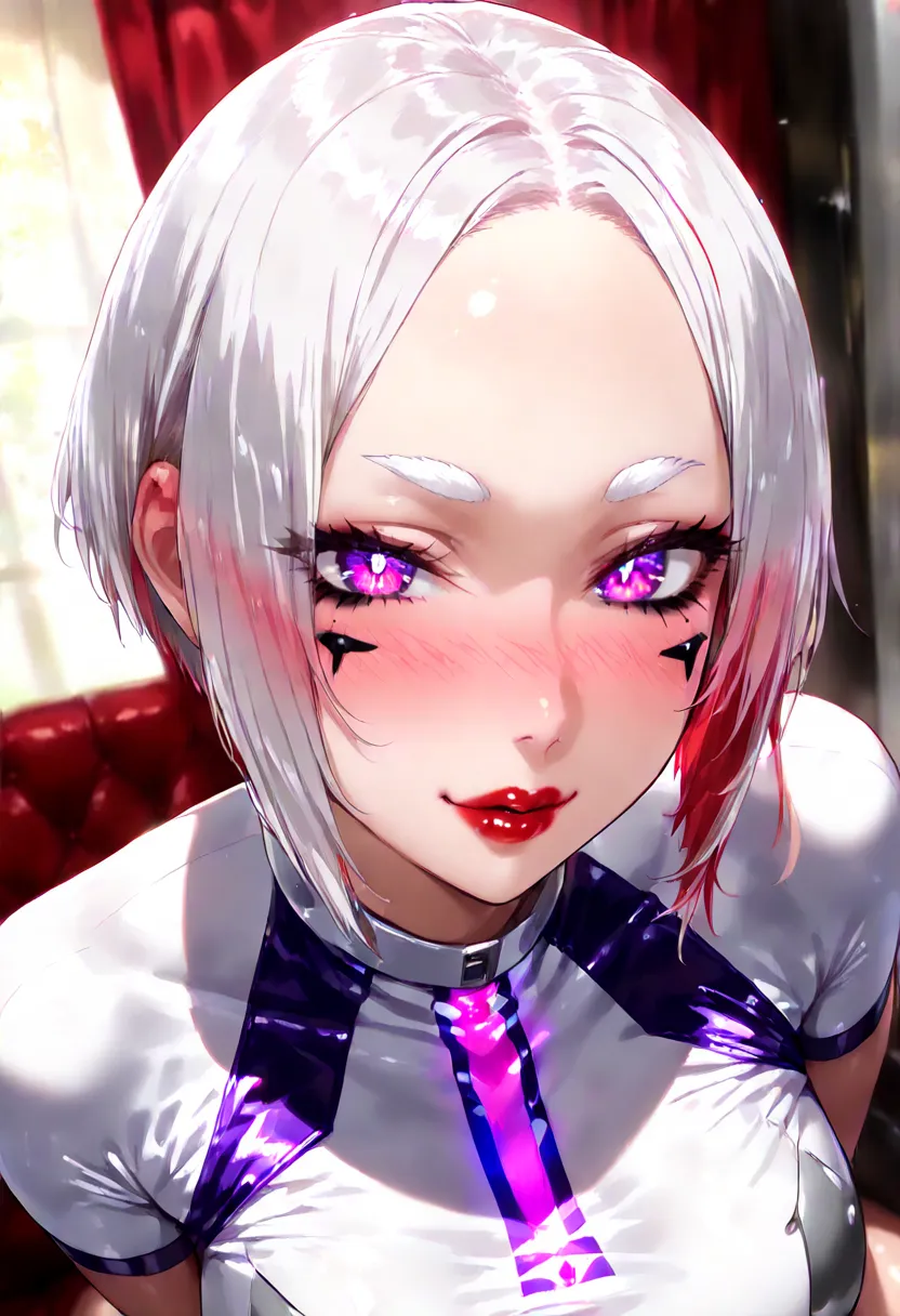 (1girl), (perfect face), ((white short haircut)), (forehead), ((white natural eyebrows)), (((big glowing purple eyes))), (((black eyeliners))), (pink blush), ((nose, bright red thick lipstick)), (beautiful girl), (((looking at viewer))), (crop top)