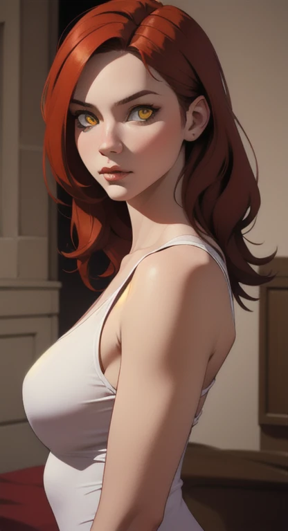 Extremely realistic shading, masterpiece, extremely detailed, photorealistic, Young and sophisticated woman, red hair, blank yellow eyes, medieval night wear, model, looking at viewer, bedchambers,