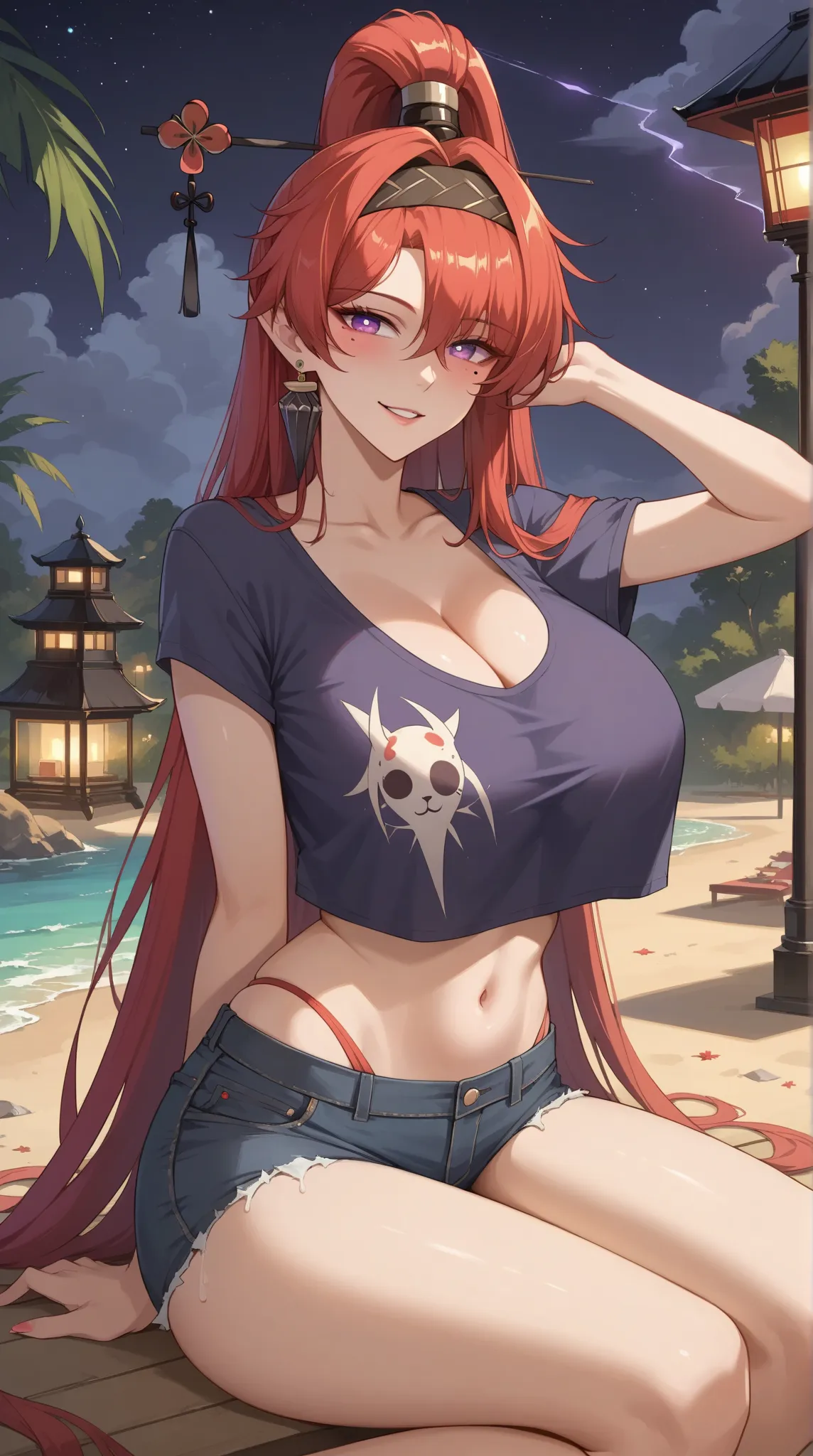 ((((at night, nighttime, dark)))), ((Yinlin, red hair, mole under eye, purple eyes, hair stick, hair ornament)), 1girl, huge breasts, huge butt, thick thighs, sensual woman, mature female, blushes, cleavage, full body, source_anime, quality_masterpiece, an...