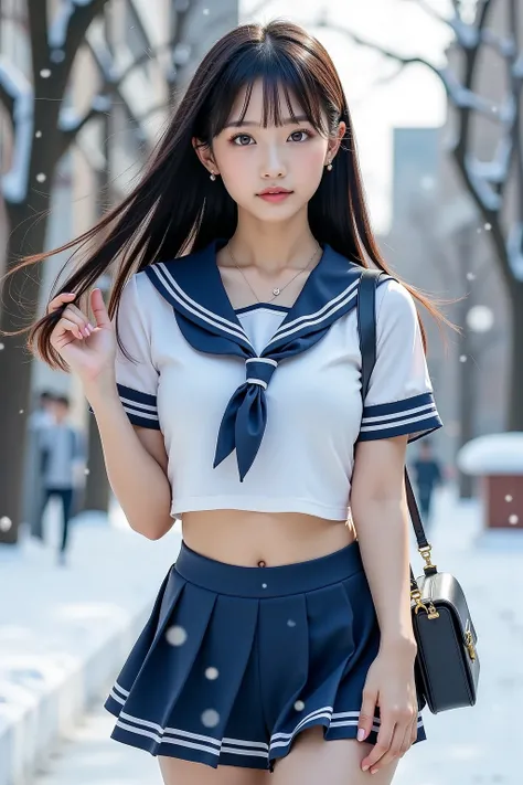 Realistic Photography, 8k, masterpiece, highest quality, hyper-realistic, highres, shot on a Canon EOS, Korean girl, occupation is idol, black long hair, glamorous body, ((huge breasts)), busty, long legs, the texture of a detail-oriented and realistic cos...