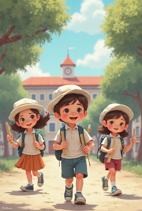  The little students of the school have white hats on his head and have light rules in his hands, and he is going to the school. 