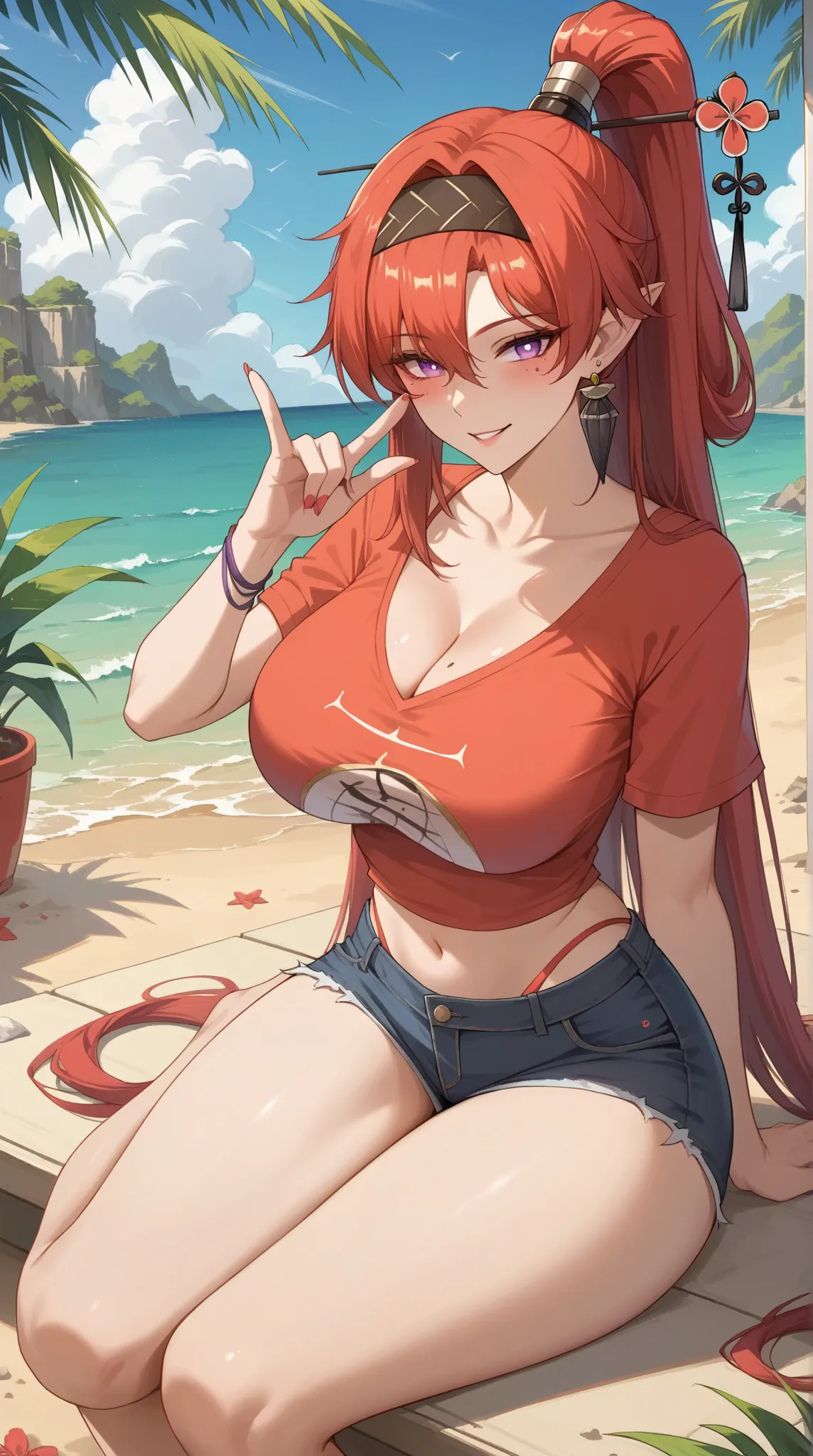 ((Yinlin, red hair, mole under eye, purple eyes, hair stick, hair ornament)), 1girl, huge breasts, huge butt, thick thighs, sensual woman, mature female, blushes, cleavage, full body, source_anime, quality_masterpiece, anatomically correct, beautiful face,...