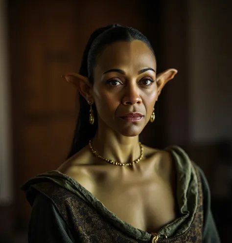 Portrait of a mature orc woman posing in a poor house, Serene and warm ,  natural lighting , Soft Focus, High resolution, rustic and introspective atmosphere,  discreet sophistication ,  medieval clothing, Orck, madura como uma mulher orc de  green-skinned...