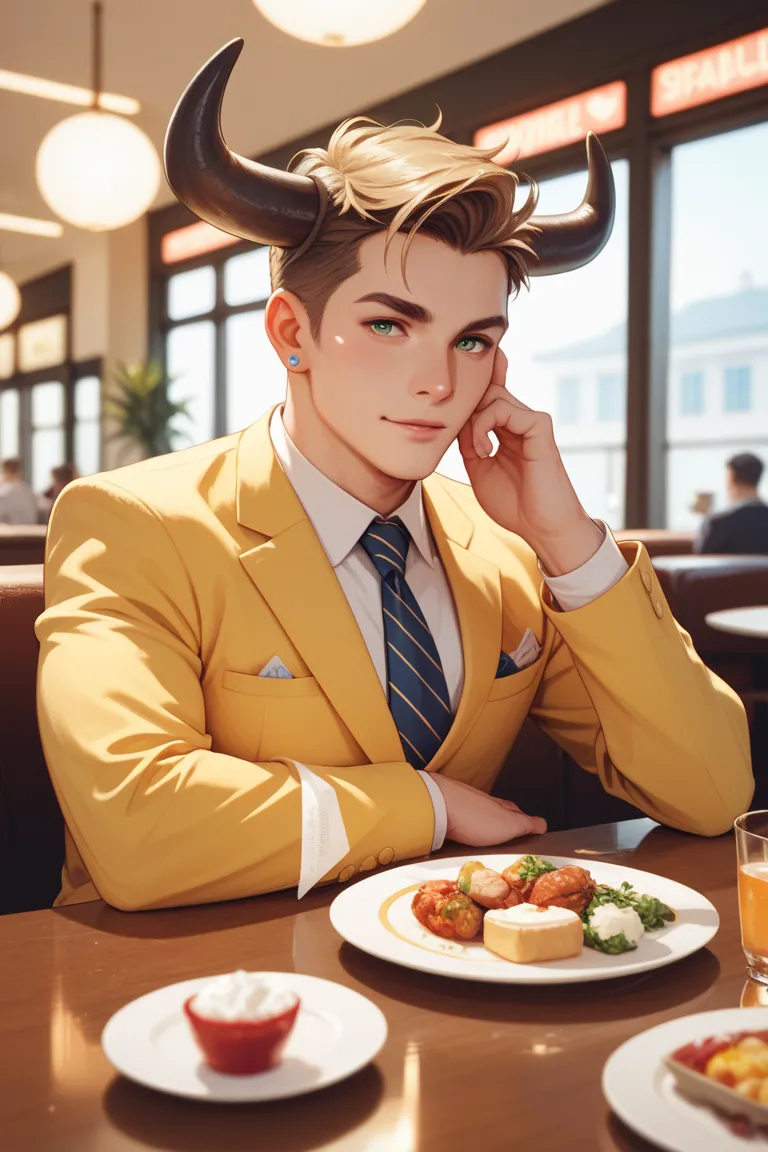 A bull in a yellow suit dining at an upscale restaurant 